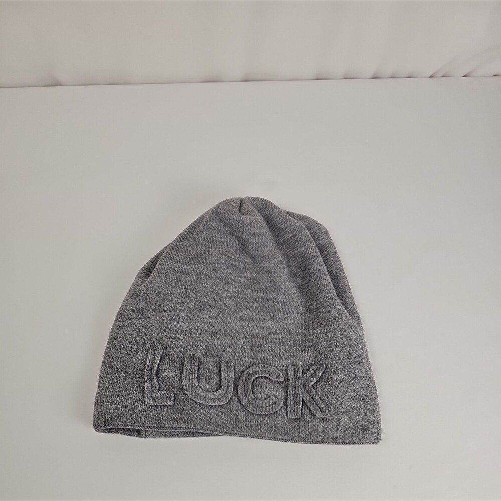 Gray LUCK Beanie Knit Winter Hat Raised Lettering Unisex Skull Cap